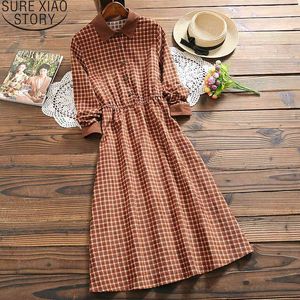 Moda Plaid Kobiety Wiosna Turn-Down Corduroy Długi Rękaw Suknie Retro Panie Przycisk Dress 7424 50 210417