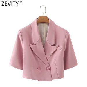 Zevity New Womenファッションノッチカラーダブルブレストショートブレザーコートヴィンテージの女性ビニールメアシッククロップトップCT713 x 0721