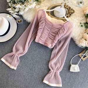 Chic Sweet Tops Women Retro Square Collar Pleated Thin Long Flare Sleeves Dot Print Blouse Harajuku Clothing L226 210527