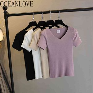 Sleeve Knitted T-shirt Solid Short V Neck Ropa Mujer All Match Casual Summer T Shirt Women 15955 210415