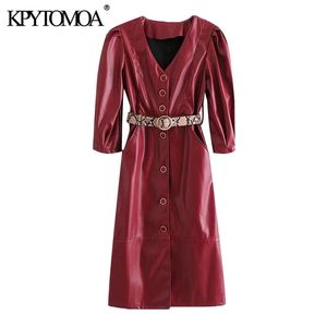 Kadın Chic Moda Kemer ile Suni Deri Button-up Midi Elbise Vintage V Boyun Yan Cepler Kadın Elbiseler Mujer 210416