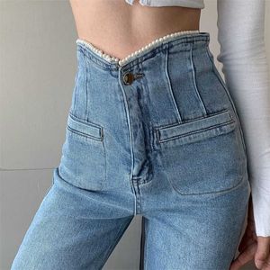 Unique Korean pearl high-waist l jeans women 2021 spring autumn new fashion wild wide-leg pants women trousers KZ876 H0908