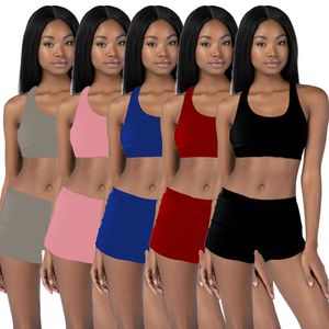 Sommar Kvinnor Jogger Passar Yoga Outfits Plus Storlek 2XL Tracksuits Pullover Tank Top Crop Top + Shorts Two Piece Set Casual Svart Sportkläder Fitness Kläder 4832