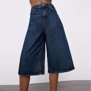 Kvinnor sommar denim bredben jeans za solida knappar hög midja casual kvinnlig mode street knä längd kläder 210513