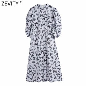 Kobiety Vintage Butterfly Drukuj Dorywczo Linia Midi Sukienka Office Lady Chic Plet Puff Sleeve Marka Party Vestidos DS8224 210420