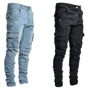 Mens Multi Pocket Cargo Jeans Casual Cotton Denim Trousers Fashion Pencil Pants Side Pockets
