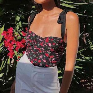 Harajuku Rose Floral Impressão Preto Mulheres Camisole Laço de Verão Laço Laço Lace-Up Bandagem Tanques Retro Menina Cool Sexy Slim Crop Top Tees 210429