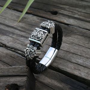 Cowhide bracelet men Black Braided Leathers Cuff Stainless Steel Magnetic Clasp Genuine Leather Bangles Good Gift