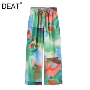 [DEAT] Women Wide Leg Pants High Waist Tie Dye Printing Loose Casual Autumn Spring Fashion 13C088 210527