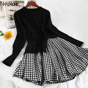 Neploe Fashion Dress Women Black Patchwork Plaid Knitted Mini Dresses High Waist Slim Fit Sweet Robe Vestidos Femme 4G738 210422