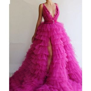 Fashion High Low Side Split Prom Dresses Deep V Neck Backless Ruffles Tier Tulle Skirt Pageant Dress Sweep Train Evening Party Gowns