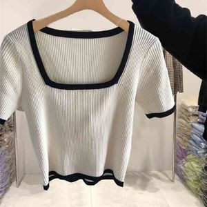 Korobov Koreanska Kvinnor Sommar Square Collar Kortärmad Pullovers Tröjor Vintage Hit Färg Patchwork Streetwear Crop Sweater 210430