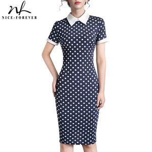 Nice-Forever Vintage Retro Polka Dots Now-down Collar Work Vestidos Business Party Bodycon Women Office Dress B518 210419