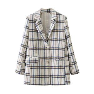 Vinatge Woman Beige Plaid Patchwork Shoulder Pad Blazer Coats Spring Casual Ladies Outwear Female Elegant Soft Jackets 210515