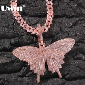 Uwin - Necklace with Pink Cubic Zircon Butterfly Pendant, Cuban Women's Chain, Fantasy Jewelry, Aaa Q0809