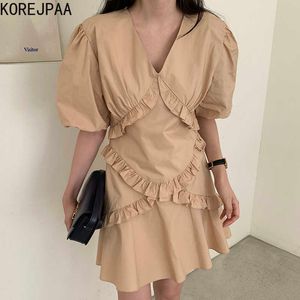 Korejpaa Women Dress Summer Korean Chic French Temperament V-neck Wood Ear Design Receive Slimming Lantern Sleeve Vestidos 210526