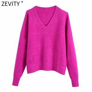 Zevity Frauen Einfach V-Ausschnitt Soft Touch Casual Lila Strickpullover Weibliche Chic Basic Langarm Pullover Marke Tops SW901 210918