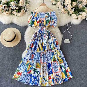 Kvinna Boho Midi Klänning Sommar Sexig Av Axel Puff Sleeve Vintage Klänningar Kvinnor Slim En Linje Tryckt Party Long Robe Vestidos 210525