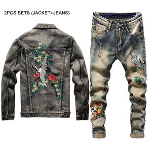 New Tracksuits Men Vintage Sets Embroidery Red Crowned Crane Hole Distressed Jackets + Embroidered Tiger Jeans Mens Clothing 2 Piece Set