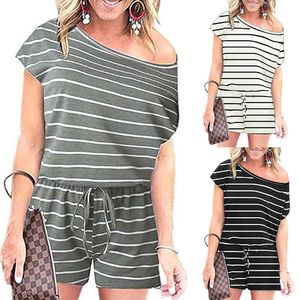 Women Casual Off Shoulder Playsuits Summer Striped Print Short Sleeve Cotton Lace Up Loose Jumpsuit Ladies Elastic Waist Romper 210507