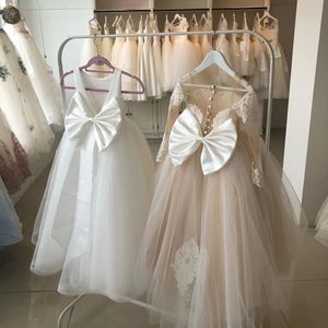US Stock Lace Tulle Flower Girl Dress Bows Back Girls First Communion Gowns Princess Ball Gown Wedding Party Dress FS9780