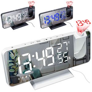 Dioda Digital Projection Alarm Clock Stół USB Elektroniczny Budzik FM Radio Time Projektor Sypialnia Ekran LED Zegar Nocny 211112