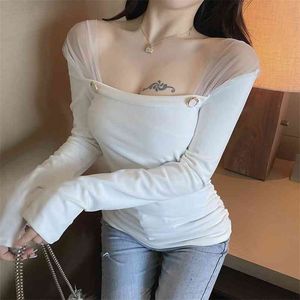 T Shirt women Sexy Long Sleeve Bodycon Cropped Tops Lace spring Women Irregular Drawstring Bandage Knitted T-Shirt vintage 210507