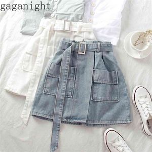 Gaganight мода женщины летние джинсы мини короткие юбки карманы высокая талия корейский шик женские юбки твердые подорожники плюс размер fladas 210629