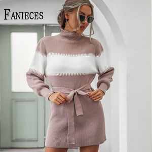 Höst Vinter Kvinnor Stickning Klänning Kontor Lady Hög Krage Lantern Sleeve Lace-up Sweater Klänningar med Vestidos Femme Robe 210520