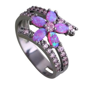 Cluster Rings Fashion Pink Cubic Zirconia Purple Fire Opal Black Gun Plated Gift Party Wedding For Women Flower R367