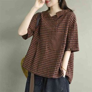 Sether Arts Style Kobiety Krótki Rękaw V-Neck Tshirt Bawełniana Pościel Plaid Vintage Tee Koszula Femme Casual Luźne Topy Plus Size S873 210512