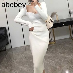 Sukienki dla Kobiet Sexy Bez Ramiączek Rąbek Krojenia Bodycon Zima Z Długim Rękawem Midi Sweter Ubrania 211110