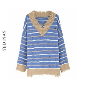 Yedinas Pullover Sweater Knitted Women Winter Ripped Long Sleeve V Neck Striped Sweaters For Casual Jumper Ladies 210527