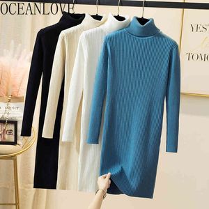 Turtleneck tröja klänning kvinnor solid stickad varm höst vinter vestidos sexiga mini klänningar casual robes 17963 210415