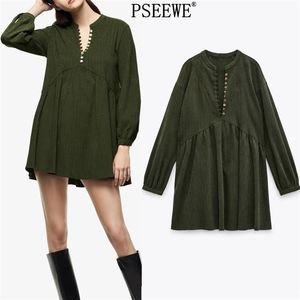 Kobieta Dress Green Corduroy Mini Kobiety Jesień Zima Moda Ruched Casual Długi Rękaw Plus Size ES 210519