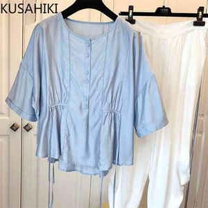 Sommar Kvinnor Dollskjorta Ouff Sleeve O-Neck Causal Sweet Blouse Toppar Koreanska Shirring Blusas Camisas Mujer 6J572 210603