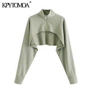 Women Fashion With Zipper Asymmetric Cropped Sweatshirt Vintage High Neck Long Sleeve Pullovers Chic Tops 210416