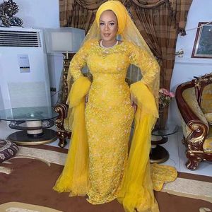 Aso 2022 Ebi Arabic Style Yellow Full Lace Prom Dresses with Long Sleeves Sweep Train Plus Size Evening Ocn Gowns Robe De Soiree