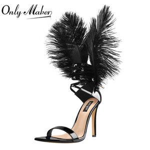 OnlyMaker Women Black Feather Back Stiletto 10cm High Heels Single Band Lace Up Sandals Pointy Toe Party Sexy Dress Lady Shoes 210626