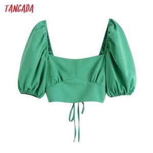 Tangada Kadınlar Retro Yeşil Dantel Yukarı Kırpma Gömlek Puf Kısa Kollu Yaz Chic Kadın Seksi Ince Gömlek BE590 210609 Tops