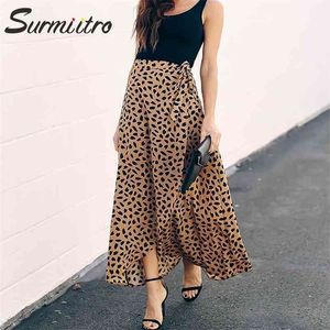 Surmiitro polka dot print lång maxi sommar kjol kvinnor mode vit svart split hög midja sol wrap estetisk kvinna 210621