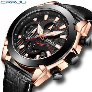CRRJU Mens Watches Top Brand Luxury Leather Chronograph Watch Men's Wristwatches Clock Watch Men Waterproof Luxury Mens Watches 210517