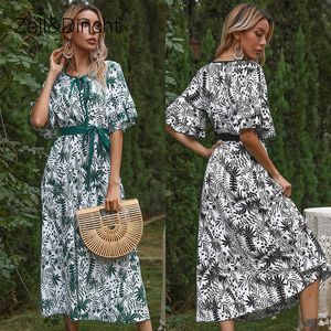 Zelldincht Lato Maxi DRWOMEN Drukuj Sexy V Neck Ruffles Krótki Rękaw Wakacje Long Beach Sundlladies Lace Up Boho Dress X0621