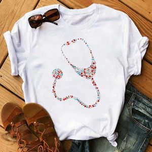 Nurse hearing aid graphic female t-shirt tee casual funny short-sleeved cartoon Harajuku top women X0527