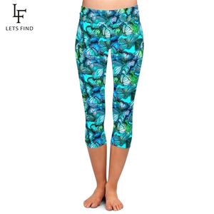 LETSFIND Leggings da donna di alta qualità Blu stampa farfalle Vita Plus Size Fitness Morbido a metà polpaccio 210925