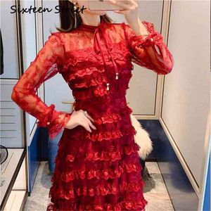 Spring Burgundy Red Woman Dress Long-sleeved Lace Mesh Patchwork Maxi Party Dresses Female high Waist Vestidos Autumn 210603