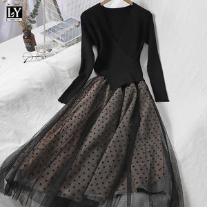 LY VAREY LIN Autumn Women Knitted Tulle Patchwork Dresses Elegant Long Sleeve Polka Dot A Line Black Slim 210526