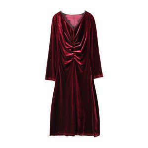 Women Elegant Red Wine Black Navy Blue V Neck Velvet Lace Patchwork Ruched Long Sleeve Split Knee Length Dress D2093 210514