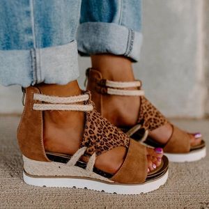 Sandals Summer Shoes Women Ladies Leopard Wedge Heel Open Toe Casual Flats Female Roman Style Plus Size 2021 Fashion