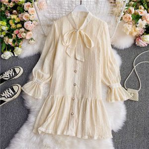 Autumn Sweet Black/Beige Bow Collar Mermaid Mini Dress For Women Elegant Flare Long Sleeve Single Breasted Loose Vestidos 2020 Y0603